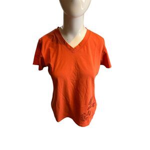 Patagonia T-Shirt Women V Neck Sz M Floral Logo On Bottom Cotton Blend Orange